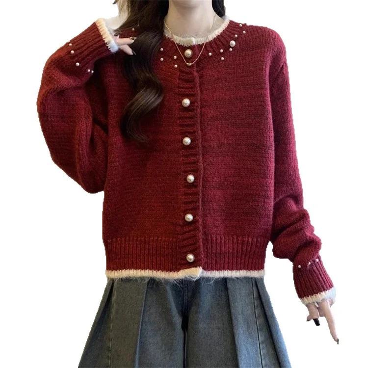 Athvotar Athvotar With A Soft Glutinous Nail Beads Color Short Cardigan Knitted Sweater Women's Spring And Autumn New Loose Chic Top