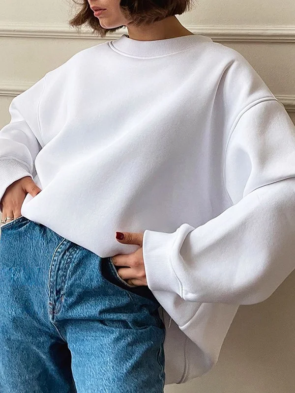 Long Sleeves Loose Solid Color Round-Neck Sweatshirt Tops