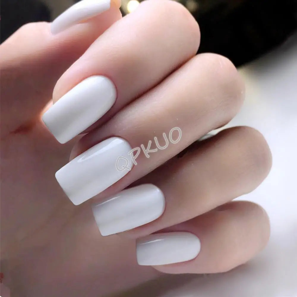 24Pcs Long Square Press On Fake Nails With Jelly Glue Shiny White Artificial False Fingernail Tip DIY Manicure Tools LANFUBEISI