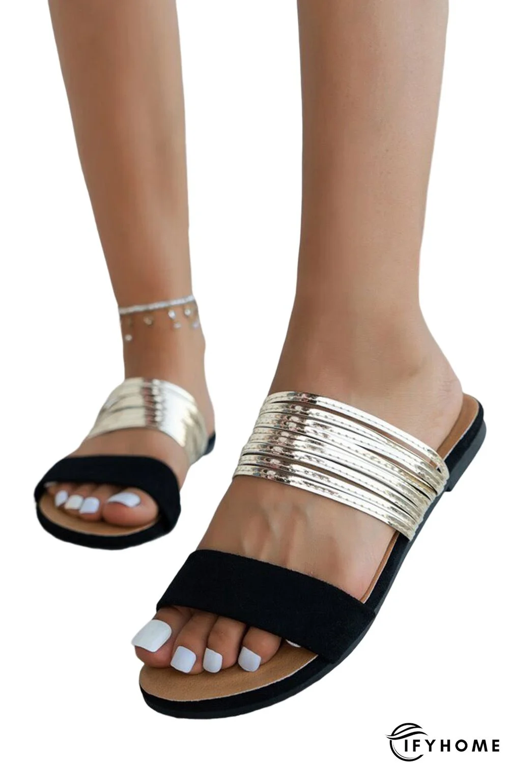 Black Suede Metallic Two Tone Flat Slippers | IFYHOME