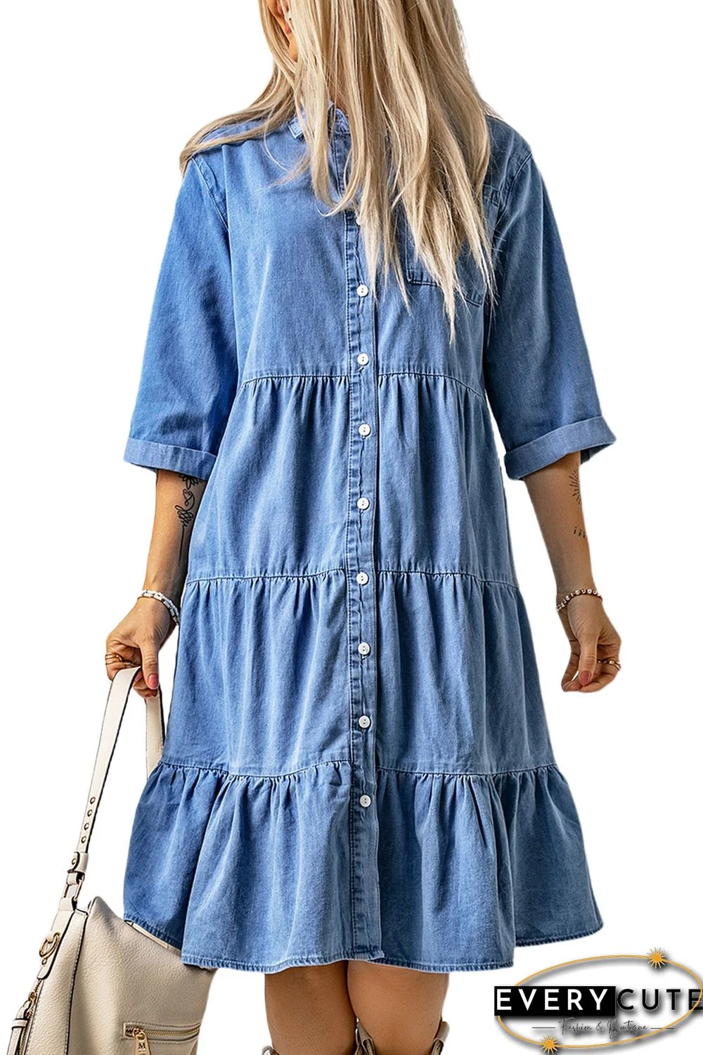 Sky Blue Ruffled Denim Full Buttoned Midi Dress