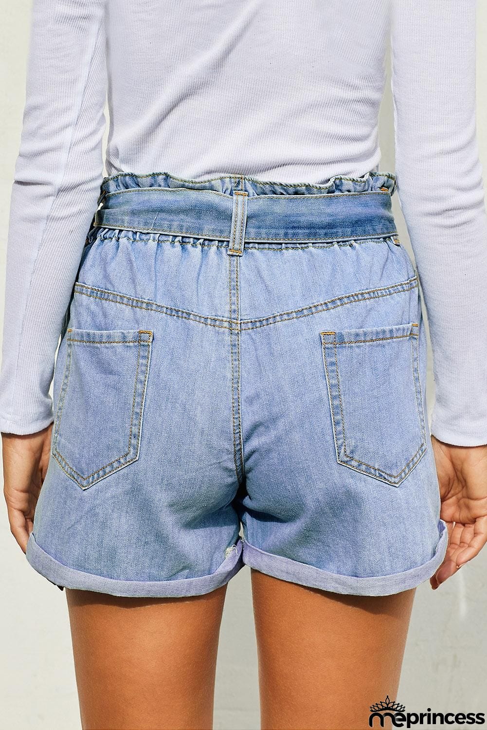 Women Light Blue Roll Hem Paper Bag Waist Denim Shorts