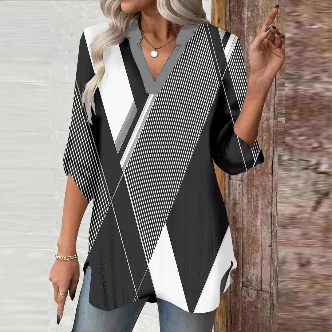 Women Geometric, Black, White DZGA0651 3/4 Sleeve V-neck Printed Graphic Button Tops