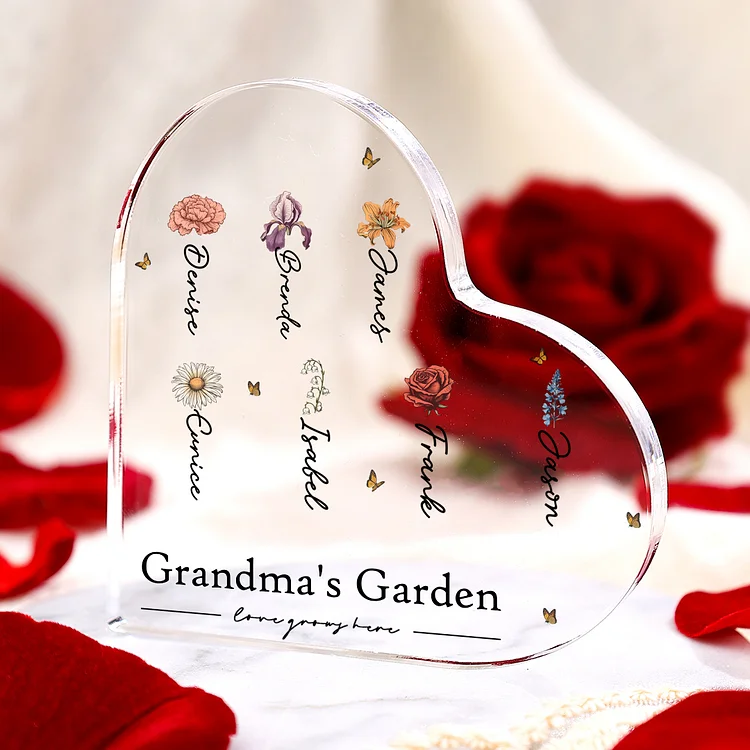 Personalized Text Acrylic Heart Keepsake Custom 1–10 Names & Birth Flowers Ornament Gift for Mother/Grandma - Love Grows Here