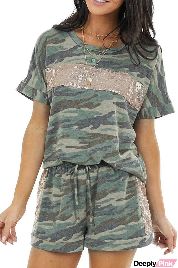 Jungle Green Camo Sequin Short Sleeve and Shorts Lounge Set