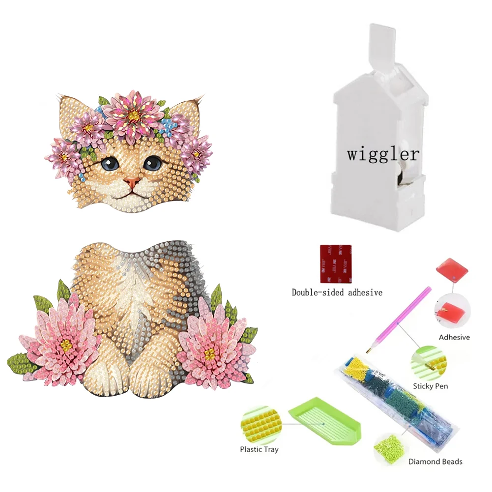 2D Flat Cat DIY Shaking Head Cat Pink Flower Diamond Painting Desktop Decoration