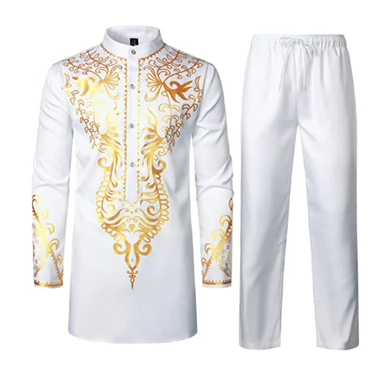 Men's geometric print high collar luxury fashion robe two-piece set white and gold