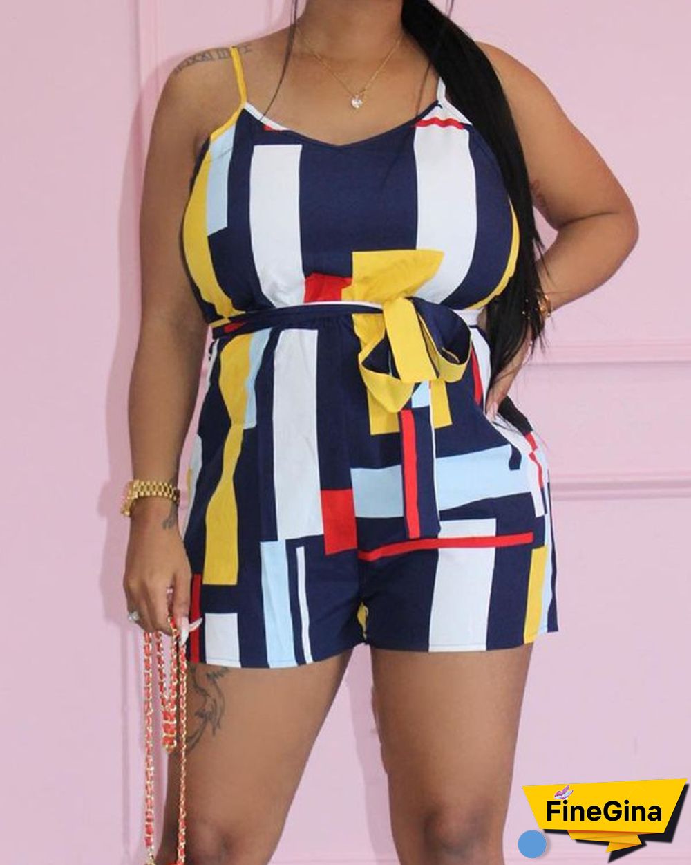 Colorblock Geometric Print Tie Front Romper