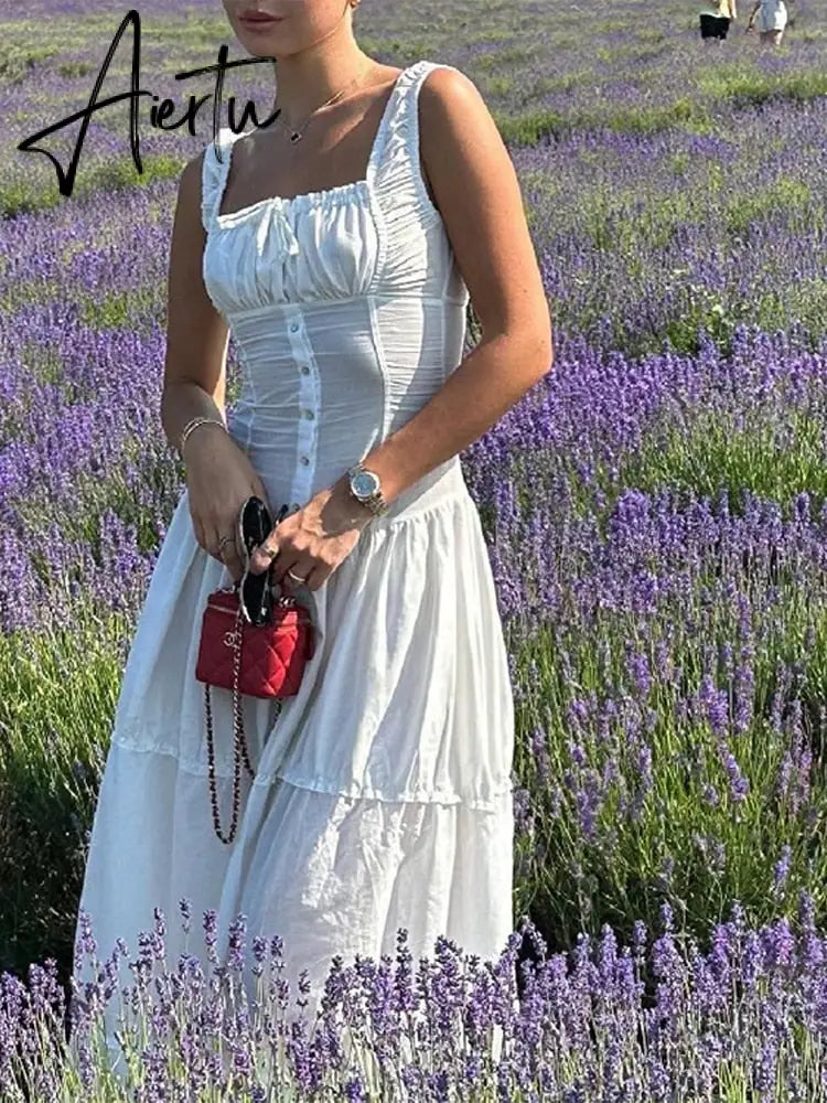 Sexy White Pleated Holiday Dress Woman Lace Up Square Collar Ruffles Female Dresses Elegant Button Sleeveless Beach Vestido Aiertu