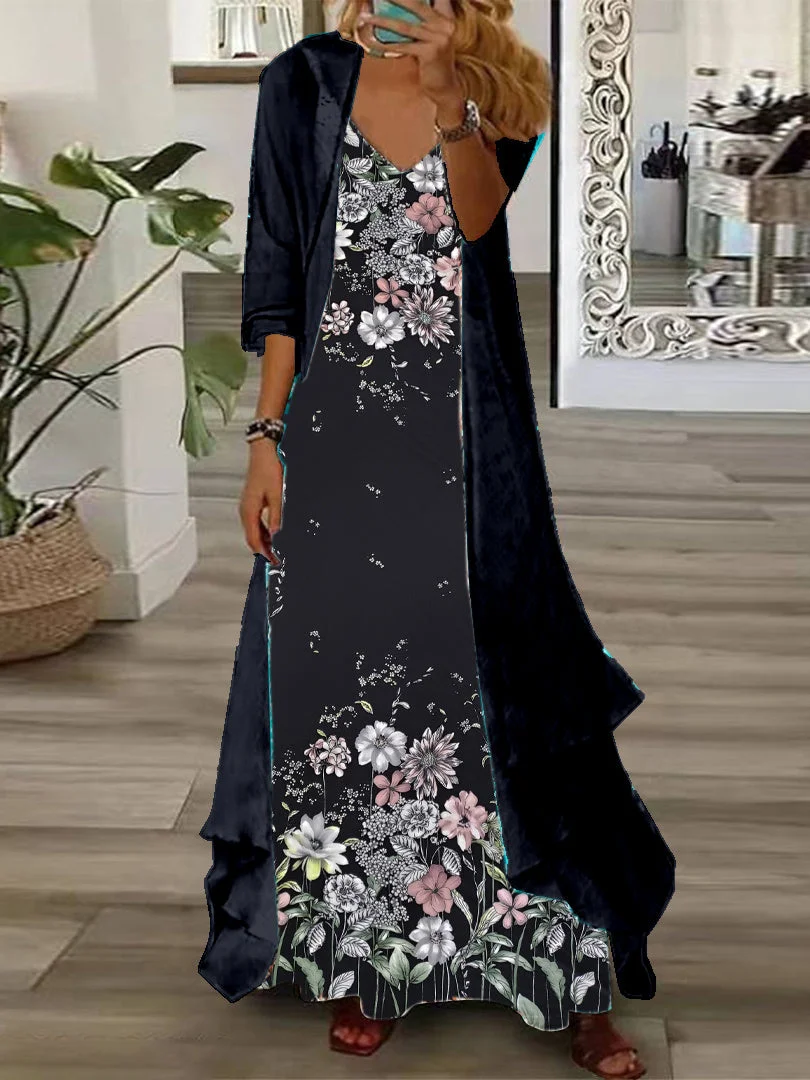Women's Long Sleeve V-neck Floral Printed Two Pieces Maxi Dress