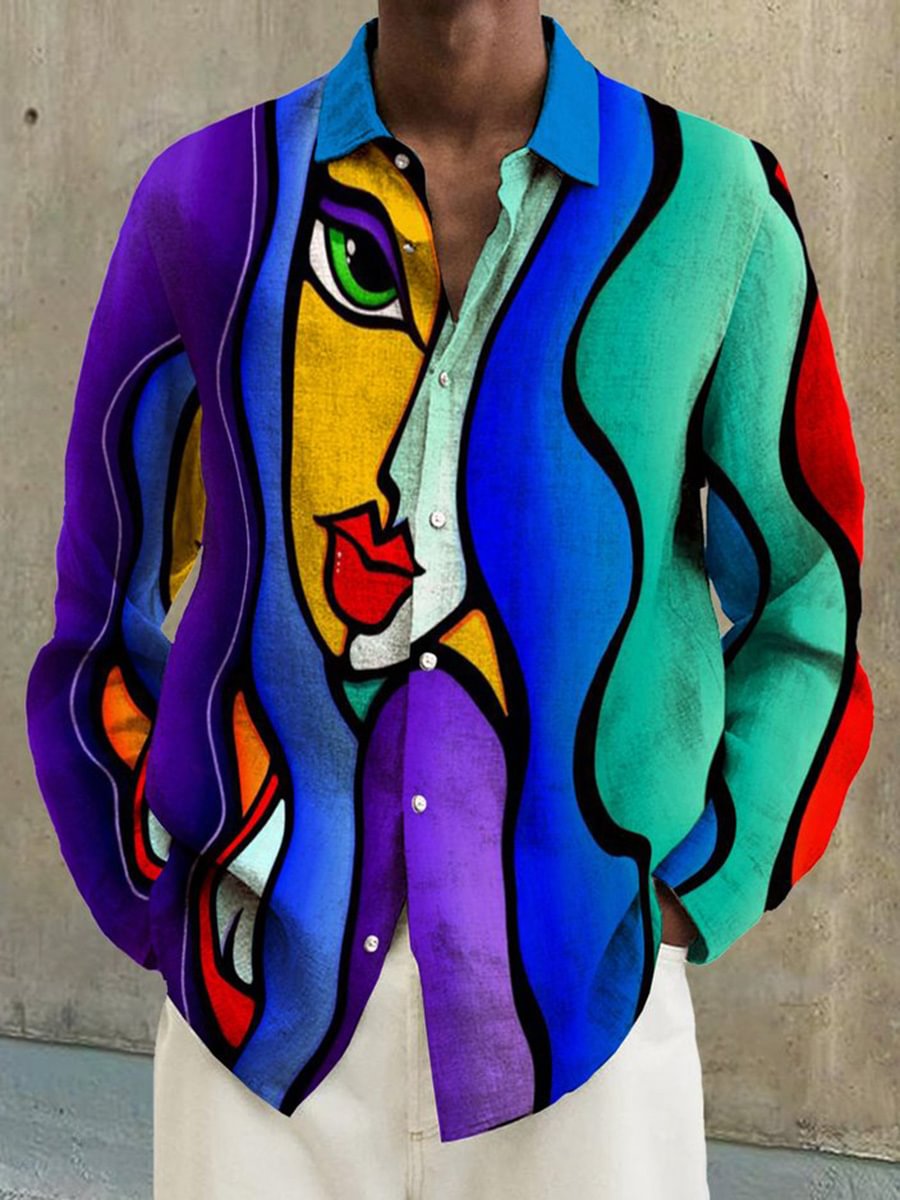 Men's Cotton Linen Abstract Oil Painting Printed Long Sleeve Shirt