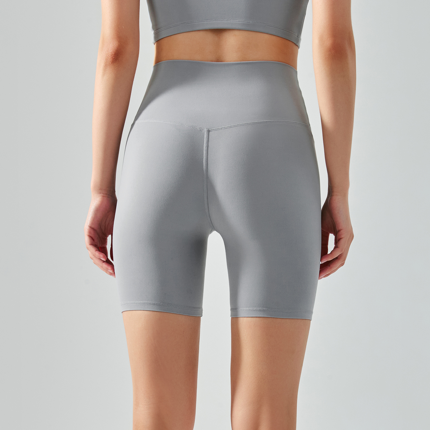 Hergymclothing Rhino Gray high waist no t line soft lightweight recycled nylon yoga shorts for sale