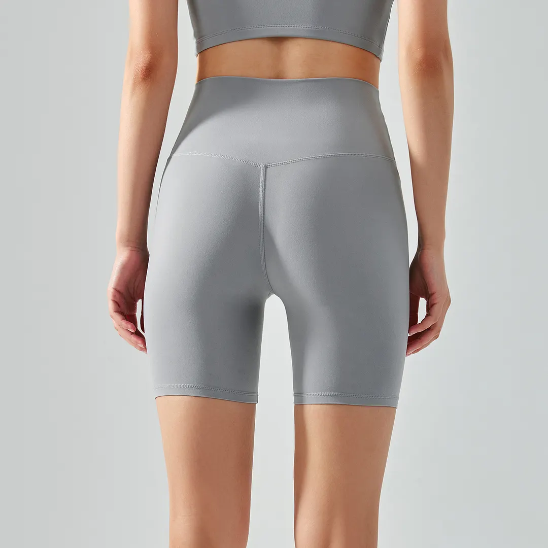 Hergymclothing Rhino Gray high waist no t line soft lightweight recycled nylon yoga shorts for sale