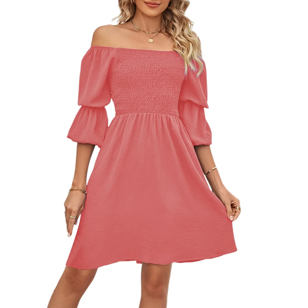 Light PinkPleated Square Neck Puff Sleeve Dress
