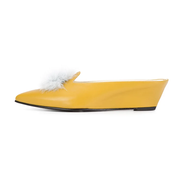 Yellow Fluffy Ball Wedge Closed Toe Mules by VDCOO Vdcoo