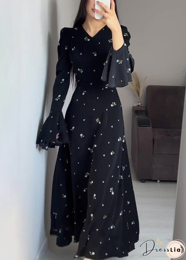 Stylish Black V Neck Print Cotton Maxi Dresses Butterfly Sleeve