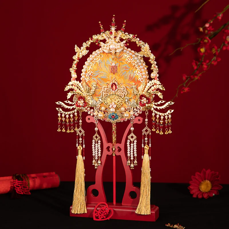 Chinese Style Bride Married Pearl Tassel Handmade Double-sided Wedding Fan