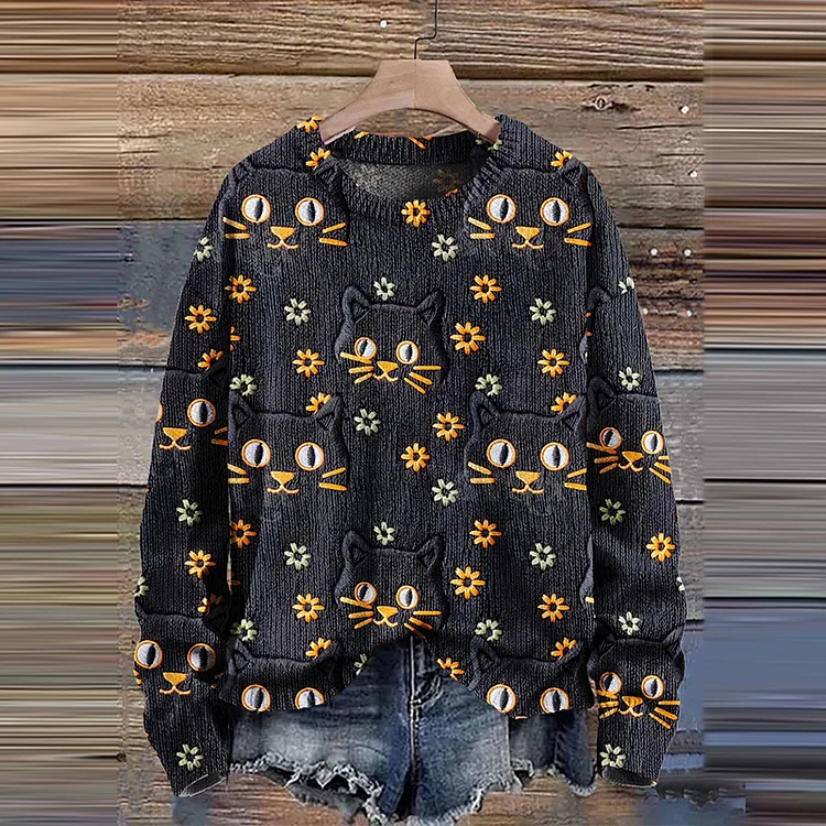 Black Cat Flower Autumn Season Halloween Art Print Knit Pullover Sweater