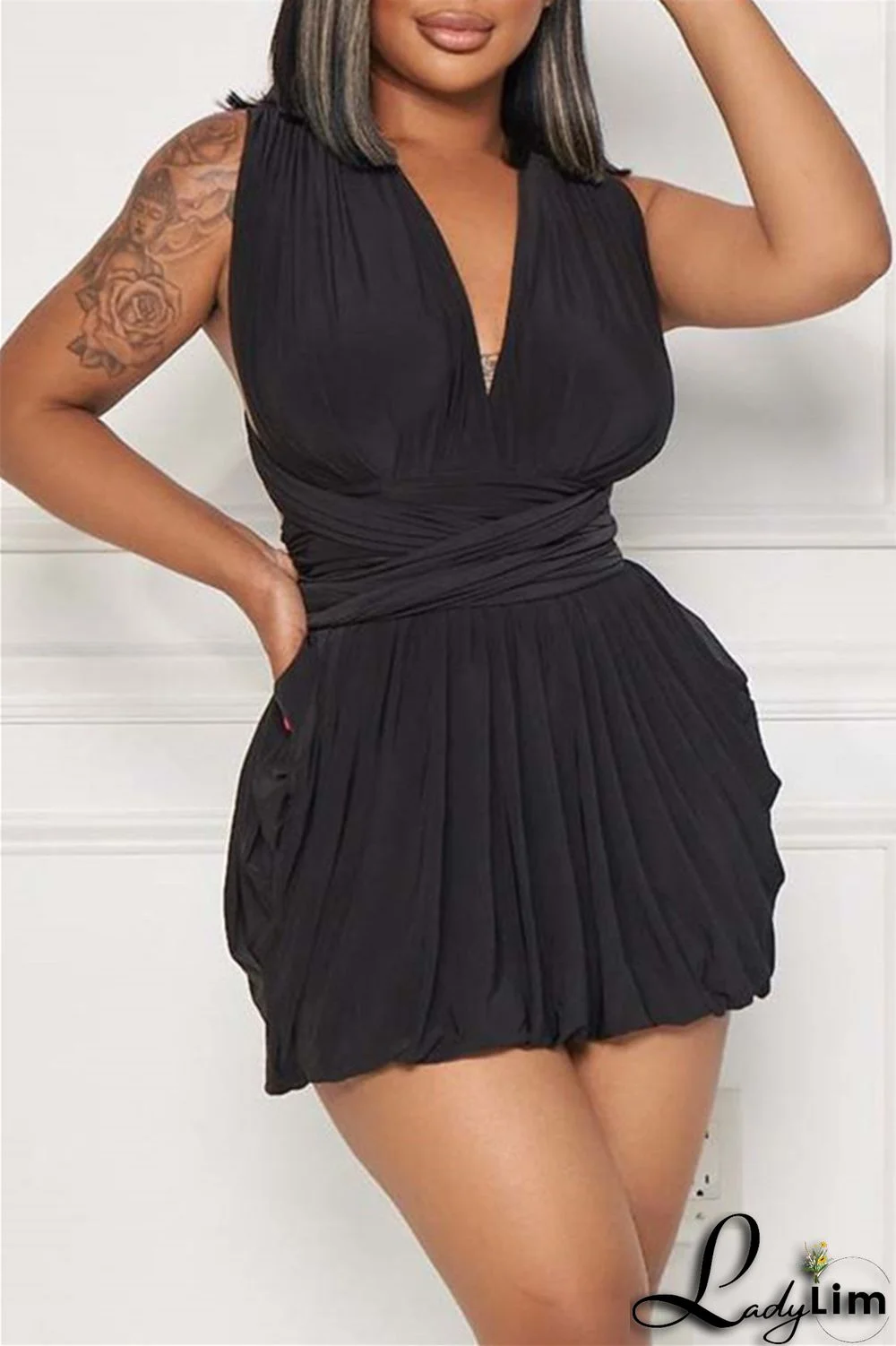 Black Sexy Casual Solid Bandage Backless V Neck Sleeveless Dress