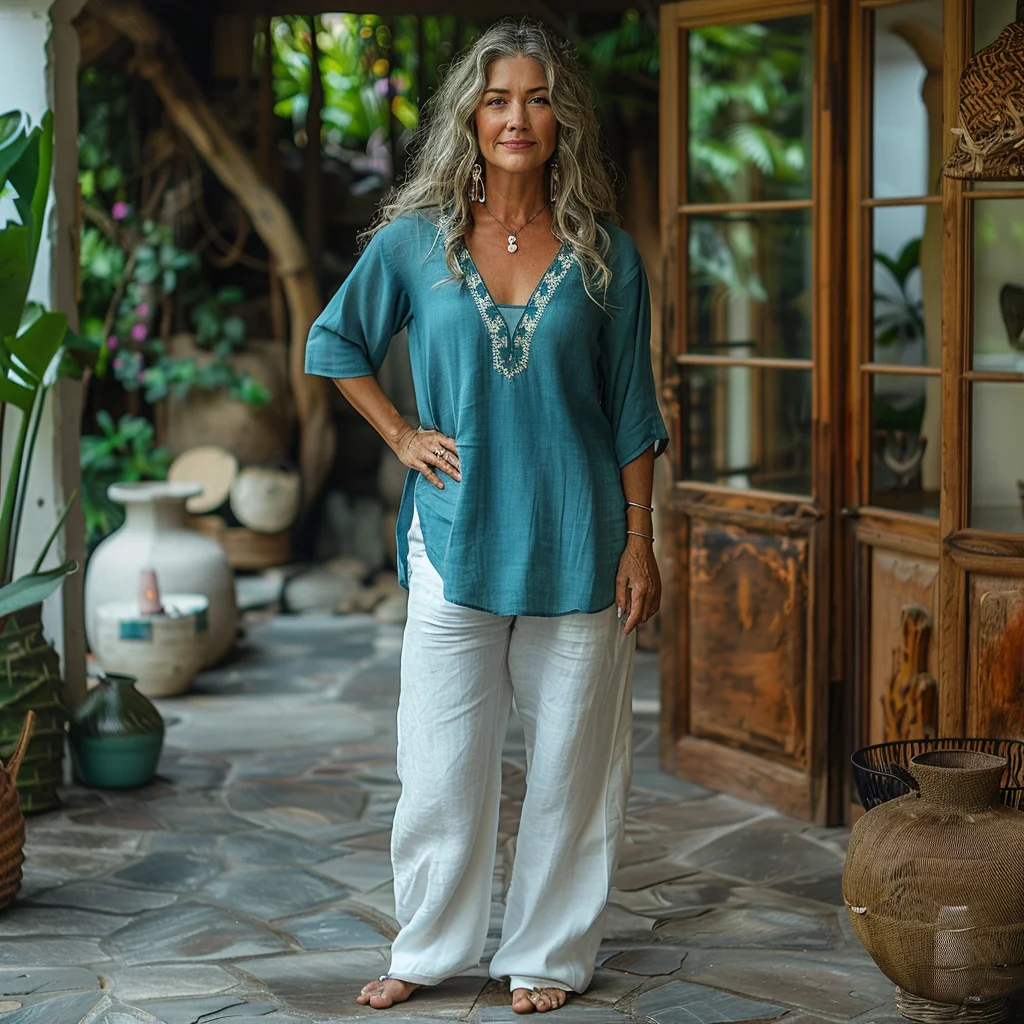 Retro Loose Comfortable And Breathable Ethnic Style Linen V-neck Short-sleeved Top