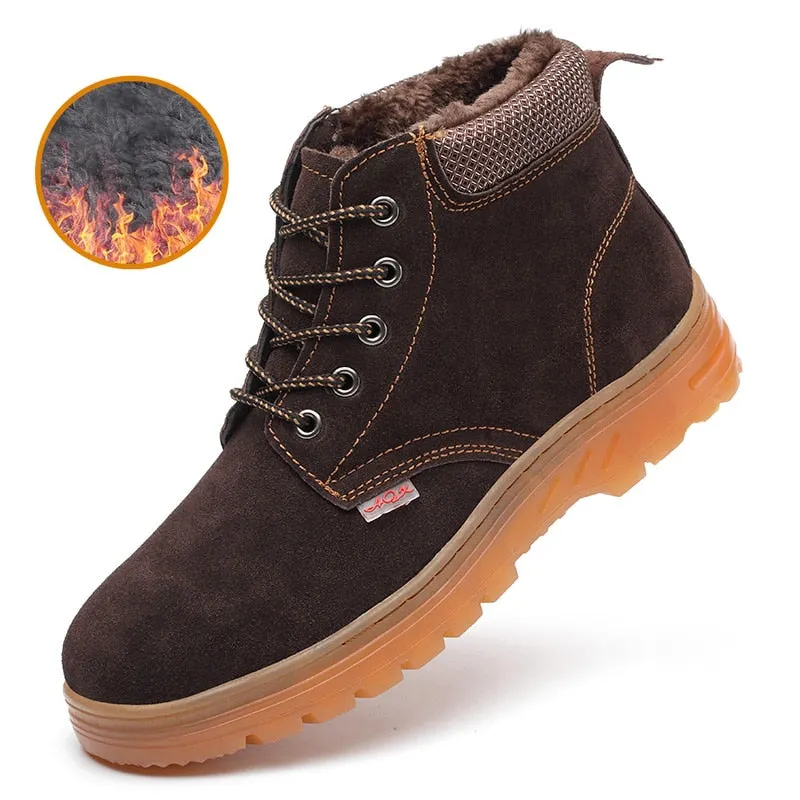 Men's Winter Boots Steel Toe Safety Work Shoes Men Water-Proof Puncture-Proof Suede Leather Work Boots Plush Warm Safety Shoes