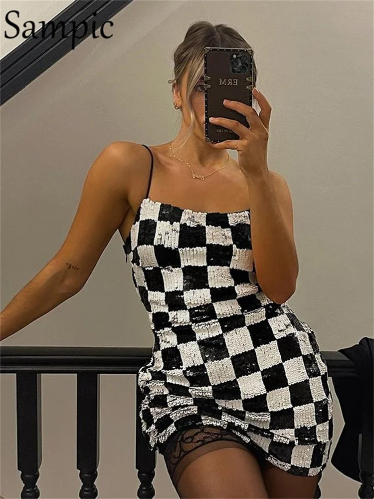 Sampic Sequins Dress For Women White Black Plaid Sexy Wrap Spaghetti Strap Mini Party Dress 2022 Summer Y2K Female Club Dress