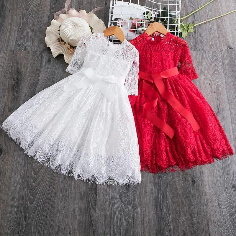 Red Lace Christmas Dress Girls Clothes Kids Dresses for Girls Birthday Party Autumn Winter Embroidery Flower Children Clothing