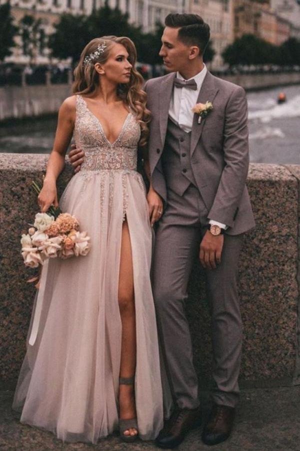 Elegant Long A-line V-neck Tulle Lace Boho Wedding Dress With Slit Appliques | Ballbellas Ballbellas