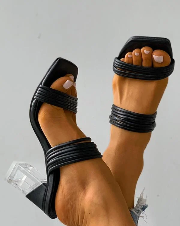 Double Strap Square Toe Clear Chunky Heels
