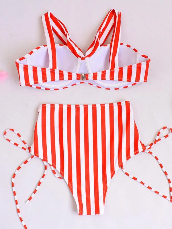 Lace-Up Side Bottom Striped Bikinis Swimwear
