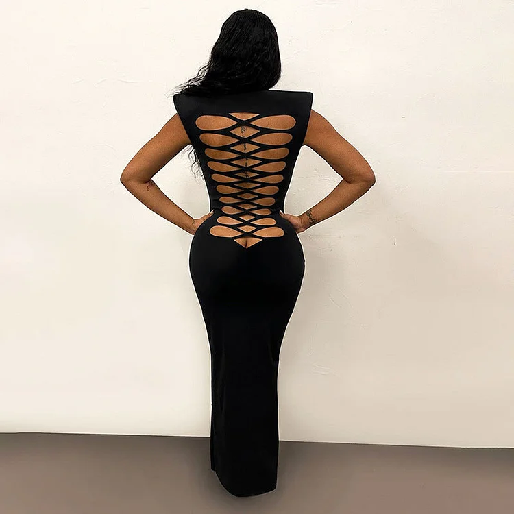 Women’s Spring Solid Color Stand Collar Sleeveless Maxi Dress with Back Hollow Out Cutout Design