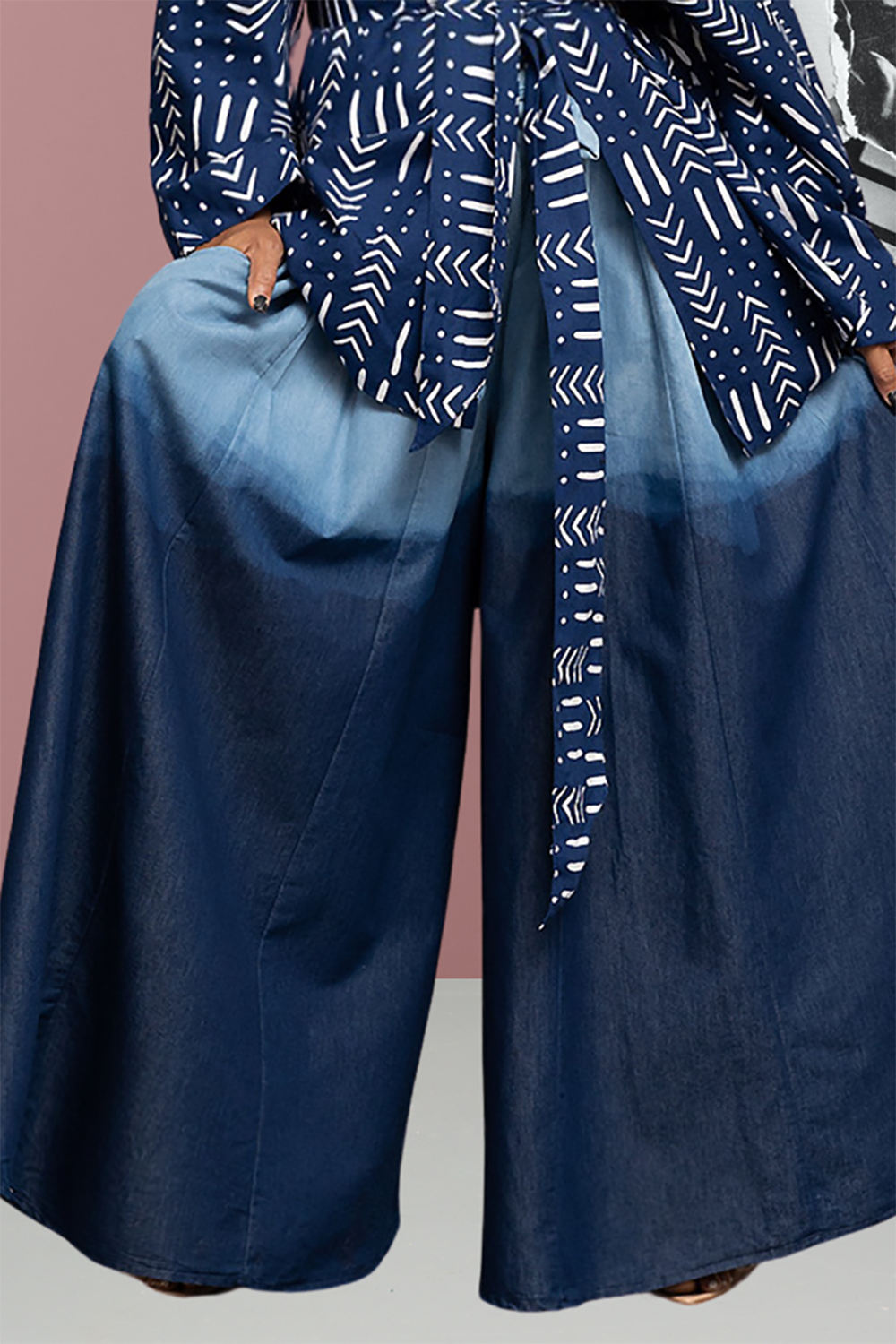 Plus Size Daily Blue Gradient Fall Winter Wide Leg Denim Pants [Pre-Order]