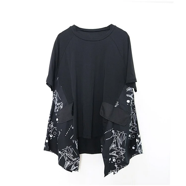 Street Loose O-neck Solid Color Symmetry Printed Patchwork Short Sleeve T-Shirt      