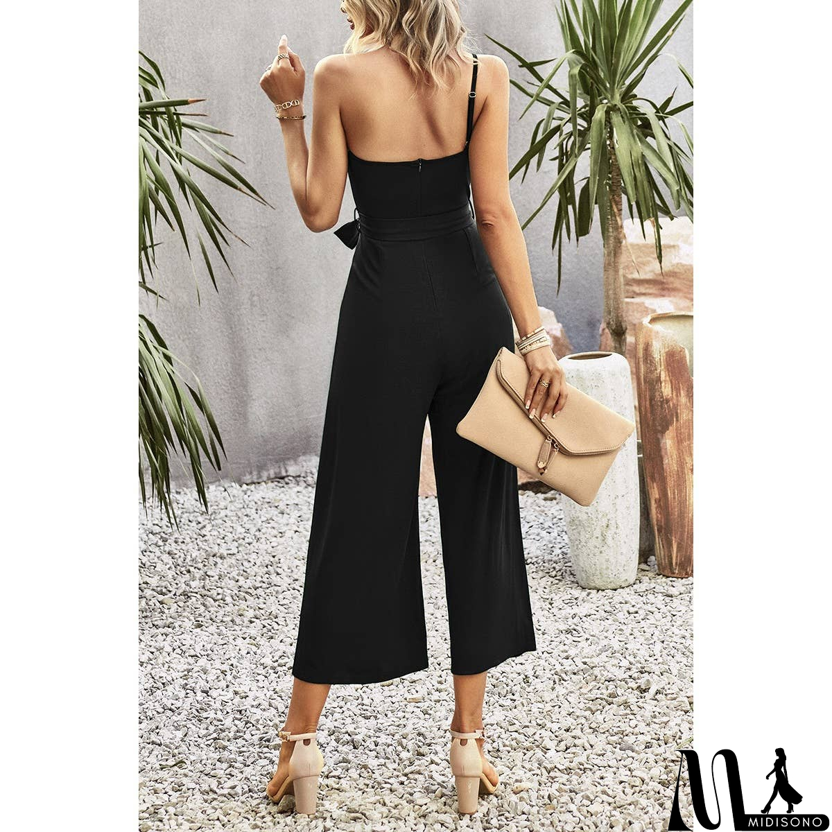 MidiSono - One Shoulder Belt Knot High Waist Jumpsuit