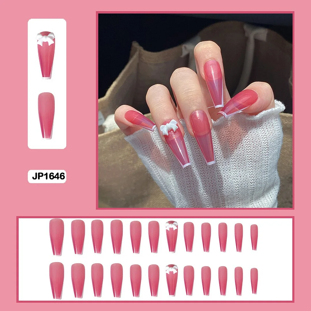 Three-dimensional bow flowers sweet heart shaped long trapezoidal wearable nail fake nails-Nail Inspo