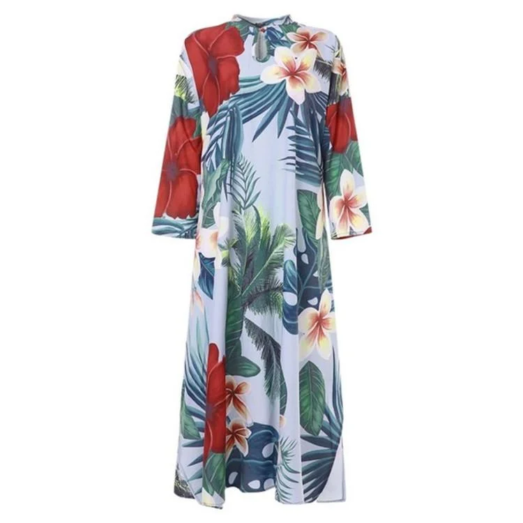 Fashion printed long-sleeved hollow flower long dress