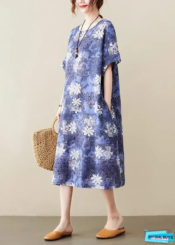Unique Blue O-Neck Print Long Dresses Short Sleeve