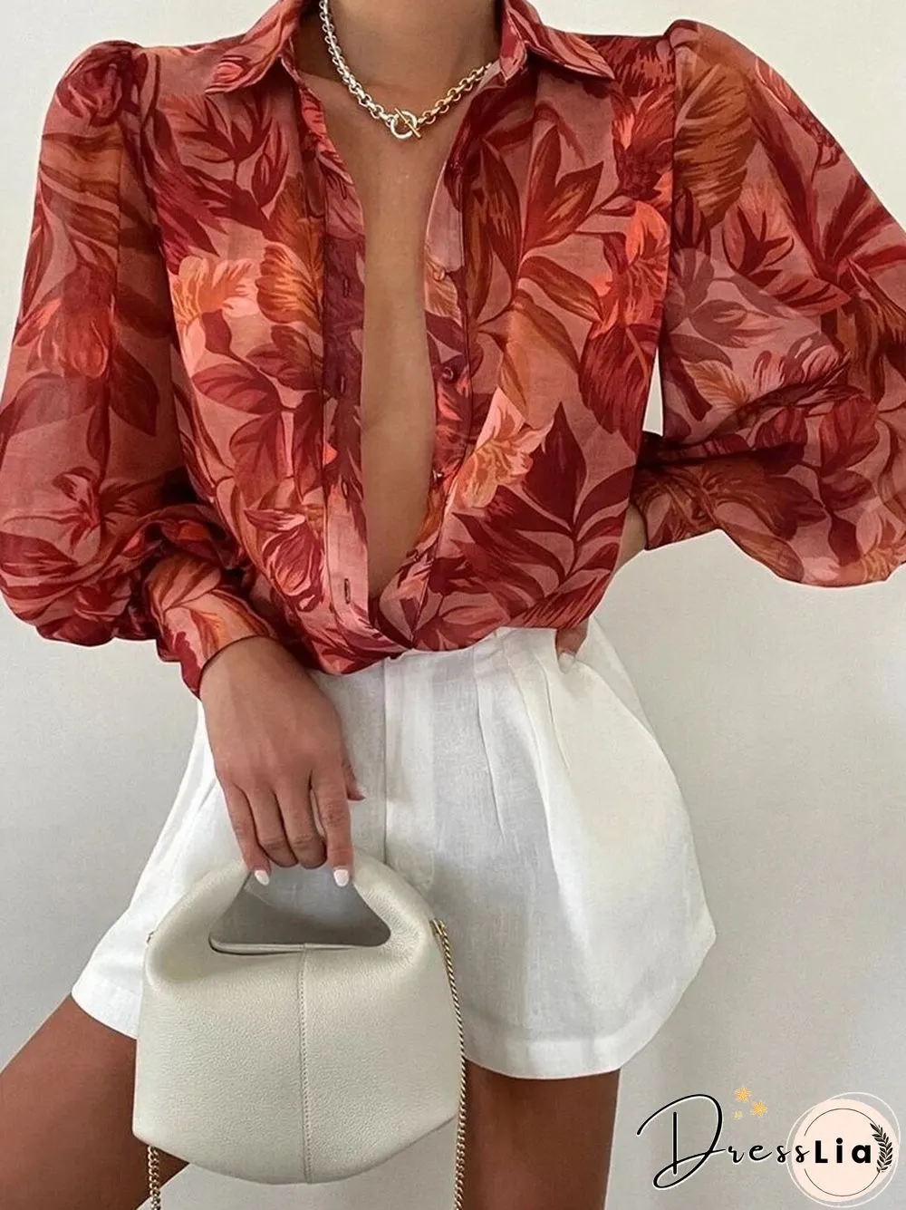 Fashion Retro Printed Pattern Button Blouses Tops Women Spring Commute Blusas Mujer New