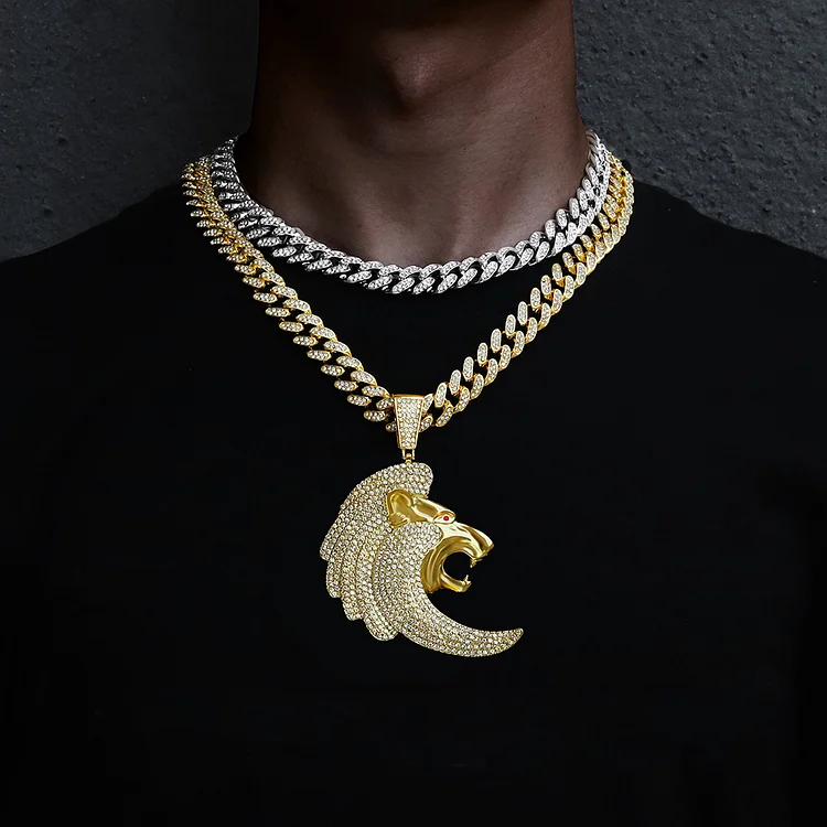 Iced Out Gold Lion Pendant with Miami Cuban Chain Necklace-VESSFUL