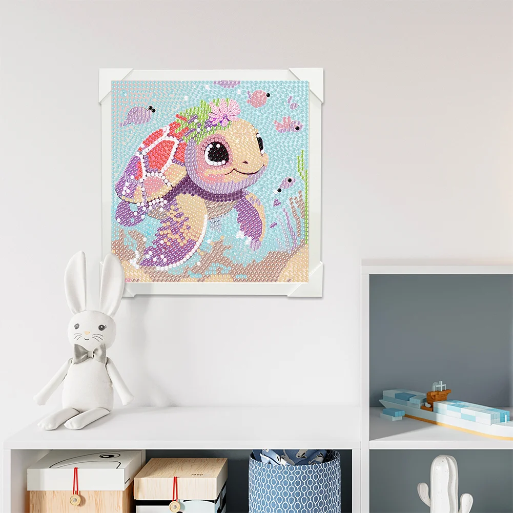 5D DIY Full Round Crystal Rhinestone Diamond Painting Sea Tuetle Kit Home Decor Art Craft For Kid(Canvas|15*15cm)【with Wooden Frame】