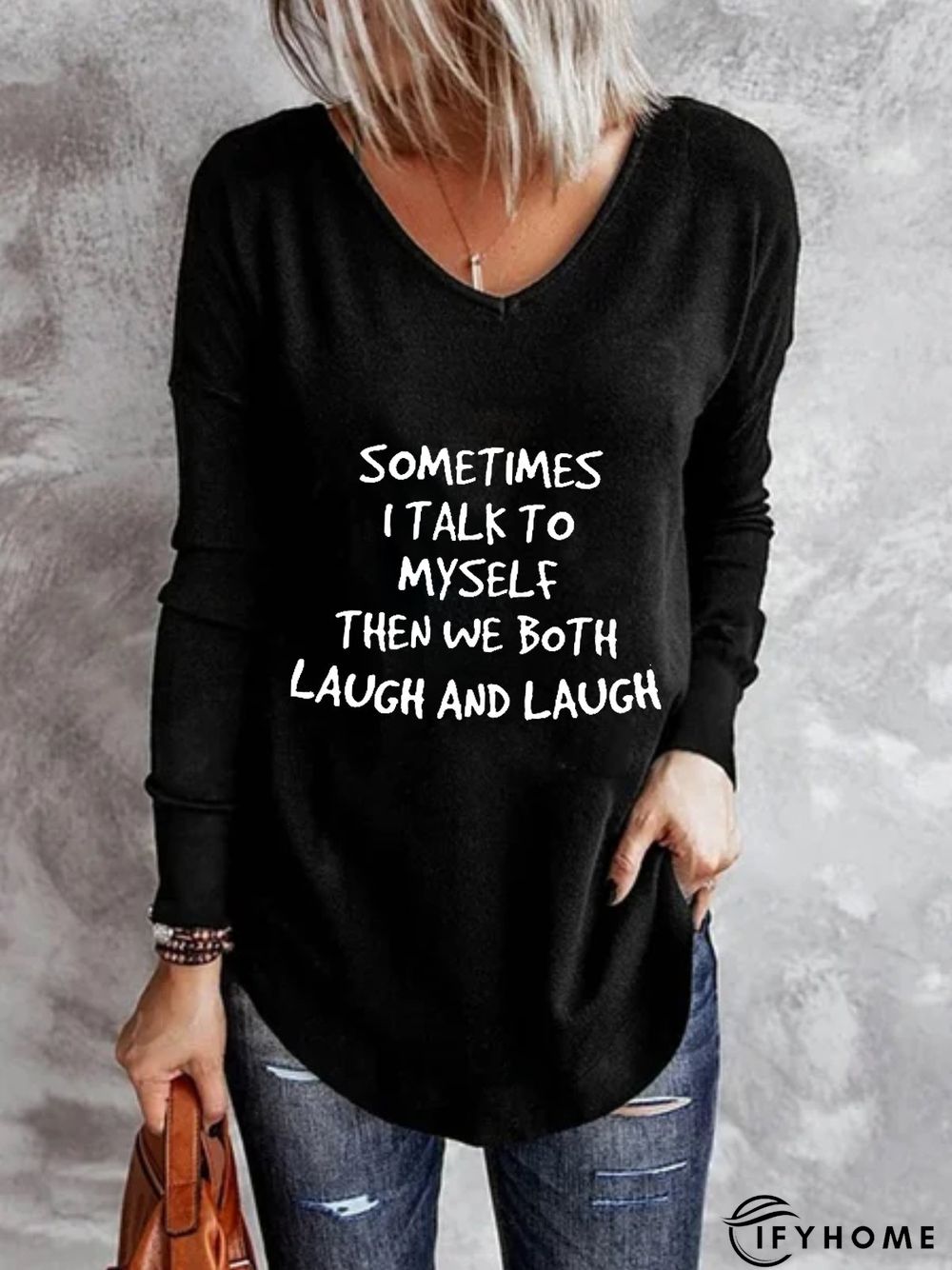 Casual Long Sleeve V Neck Printed Top Tunic T-Shirt | IFYHOME