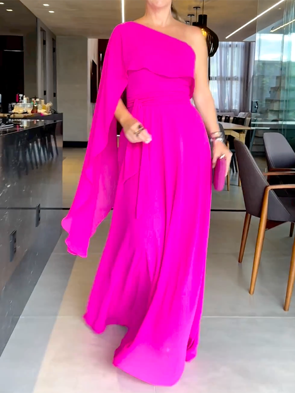 Asymmetric Solid Color Long Sleeves One-Shoulder Maxi Dresses