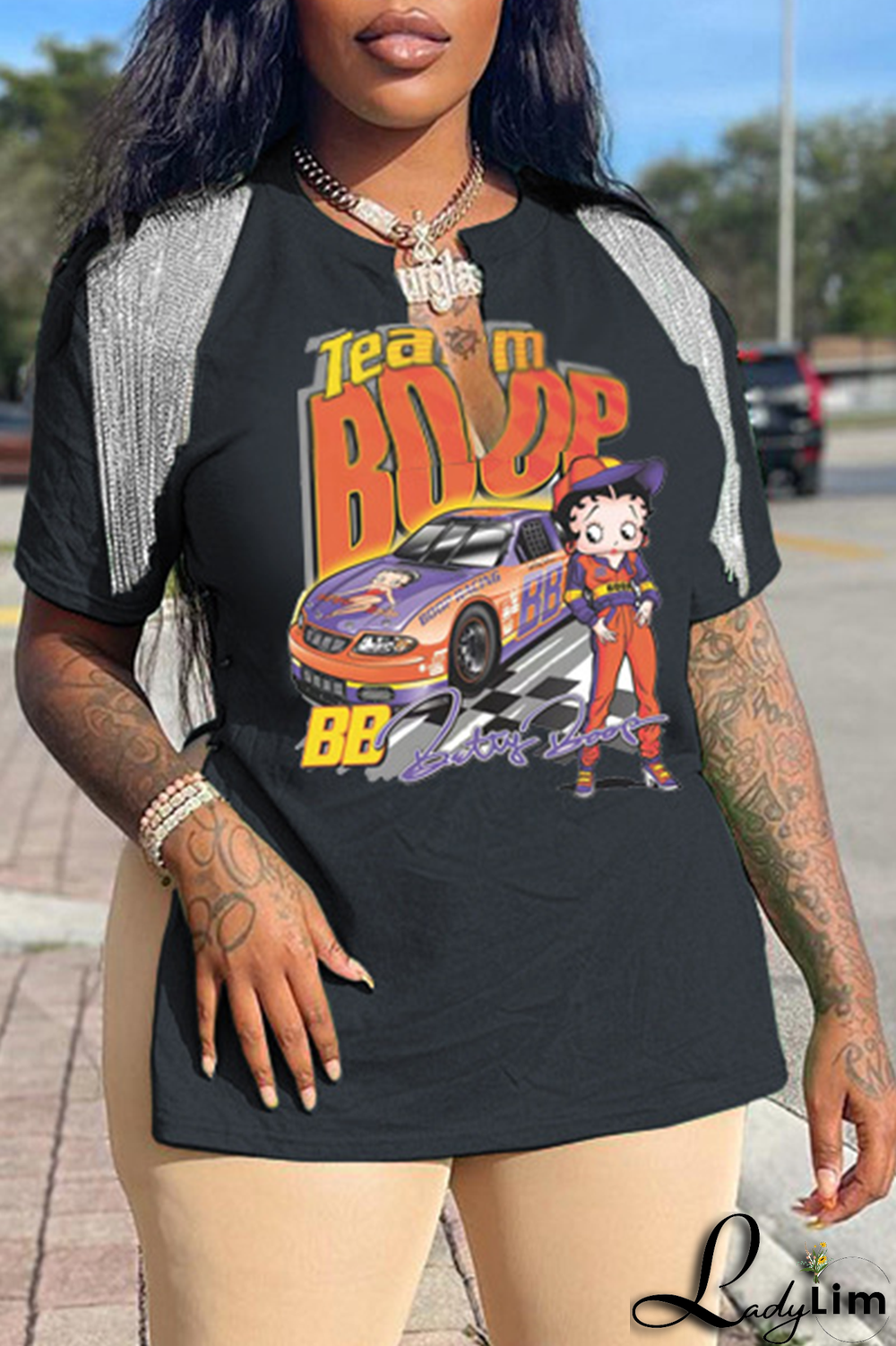 Purple Fashion Print Tassel V Neck T-Shirts