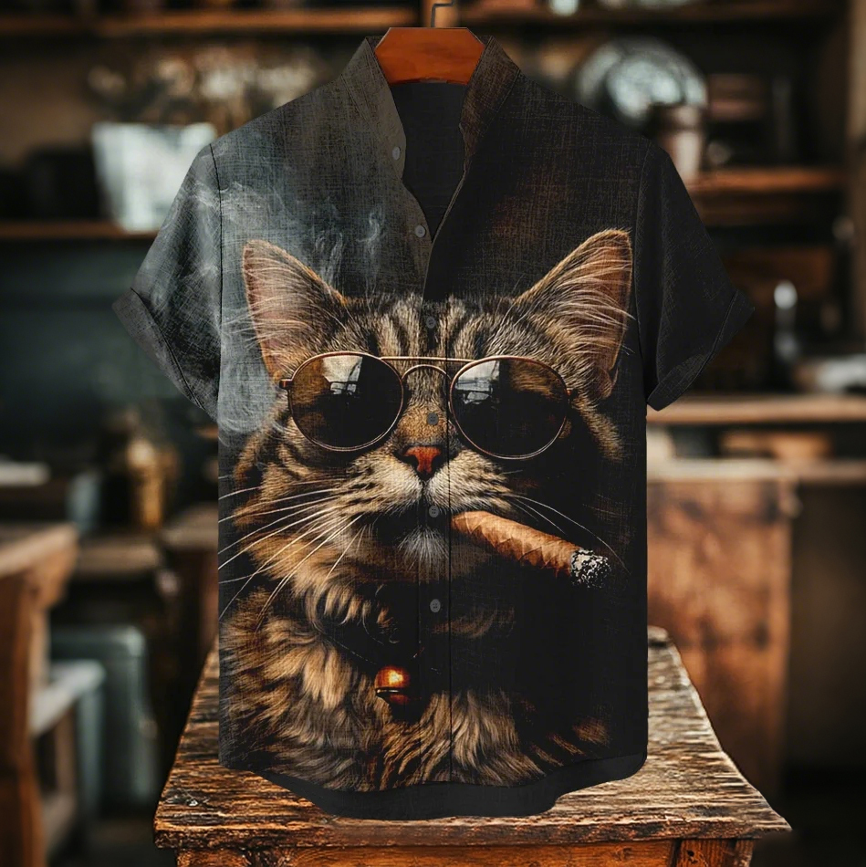 Men's Cool Sunglasses Cat Boss Smoking A Cigar Art Print Casual Shirt  artssus