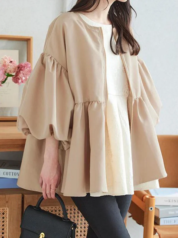Elasticity Pleated Solid Color Split-Joint Zipper Long Sleeves Loose Round-Neck Outerwear