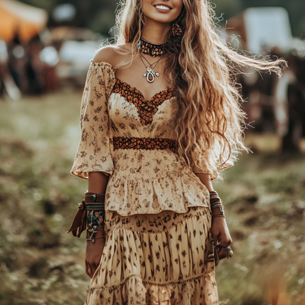 Retro Bohemian Music Festival Ethnic Holiday Style Shirt Floral Top