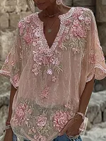 Women's Spring Floral Embroidered Art Print Flowy Linen Blend Casual Tops