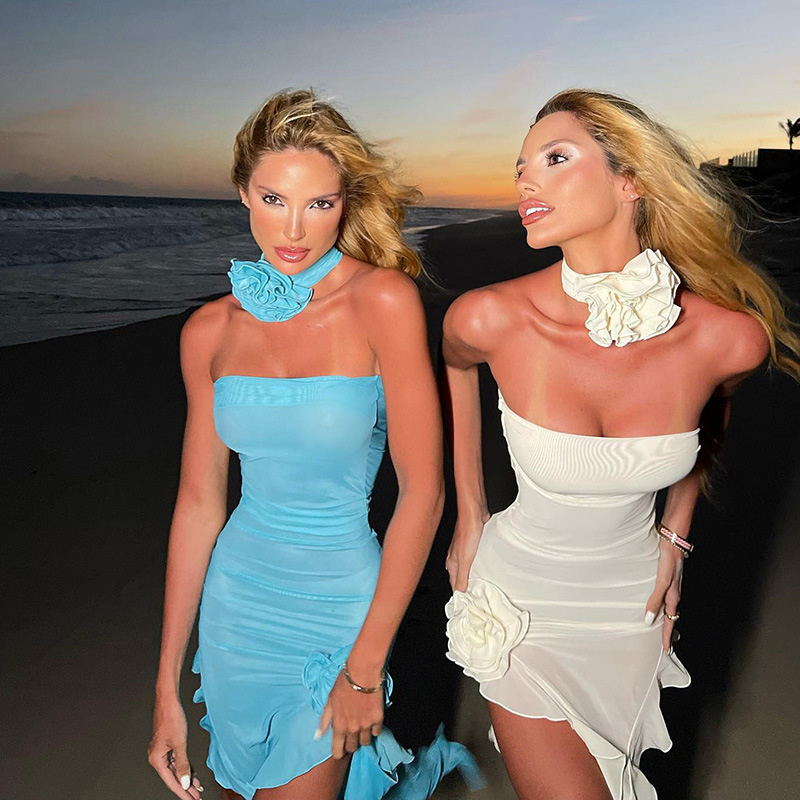 Ootddress Mesh Ruffle Appliques Party Dress Outfits Cover-Up Midi Dresses Ruffled Clubwear Side Slit Bodycon Maxi Strapless Vestidos