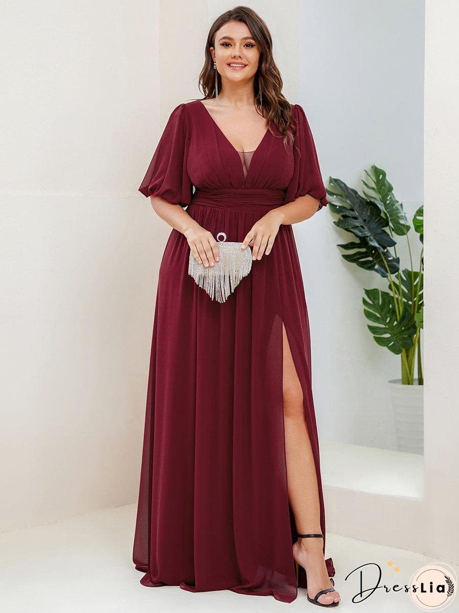 Elegant Deep V-Neck A-Line Bridesmaid Dress with Half Puff Sleeves