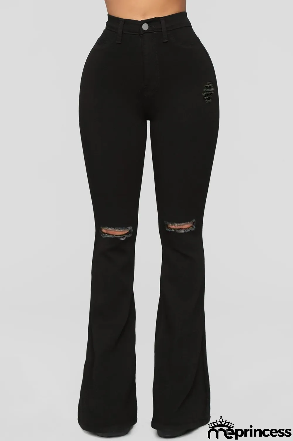 Black Casual Solid Ripped High Waist Boot Cut Denim Jeans